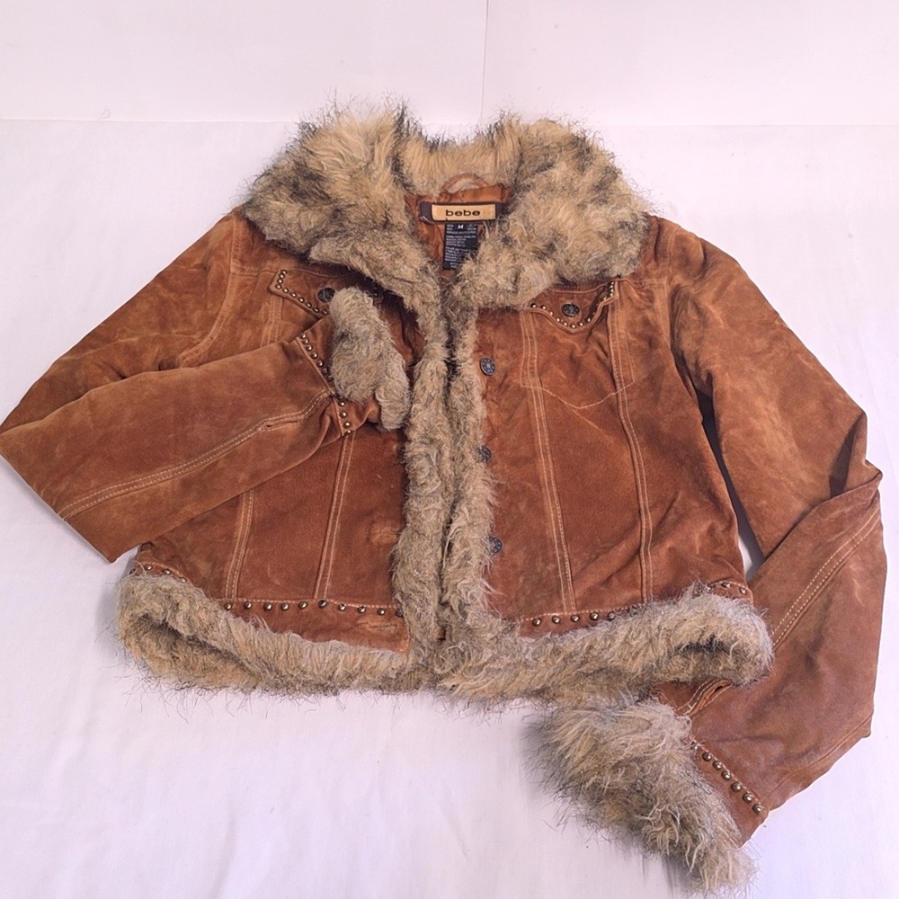 Vintage Y2k Bebe Jacket Women M Brown Suede Leather Faux Fur Trim Penny Lane